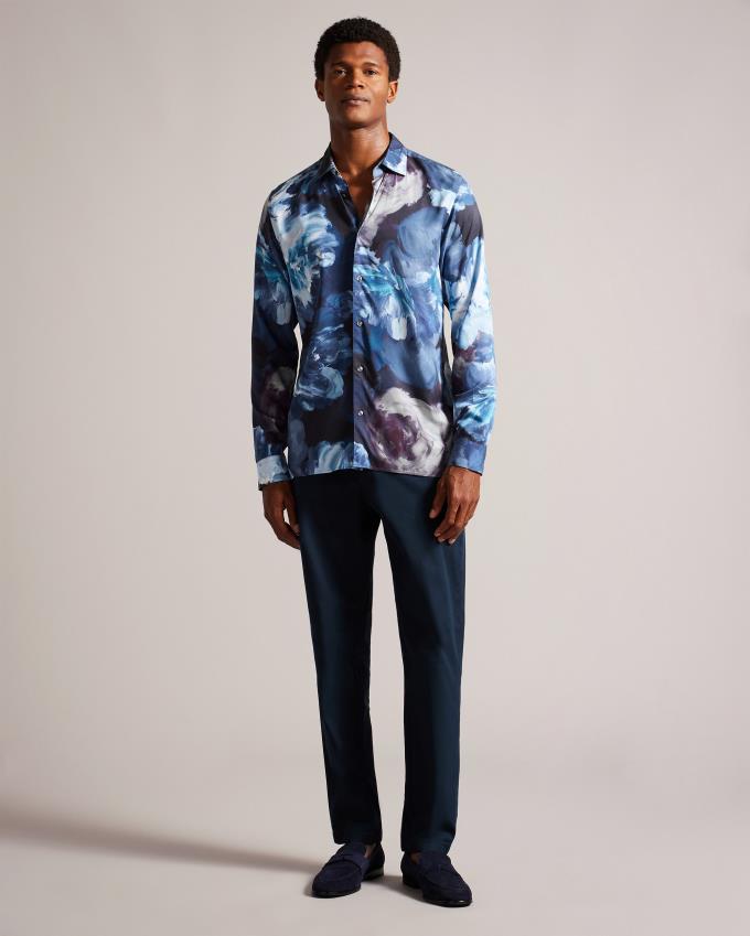 Chemises Ted Baker Long Sleeve Floral Turquoise Bleu Homme | REC-20138047